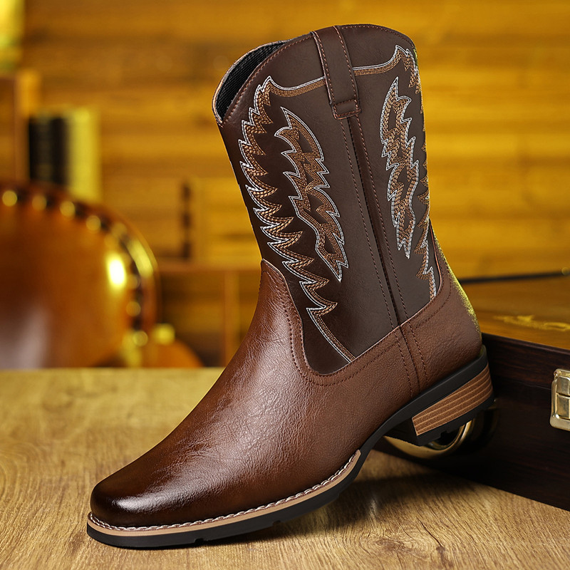 Embroidery On Leather - Herren Bestickte Outdoor Retro Halbhohe Western-Cowboystiefel