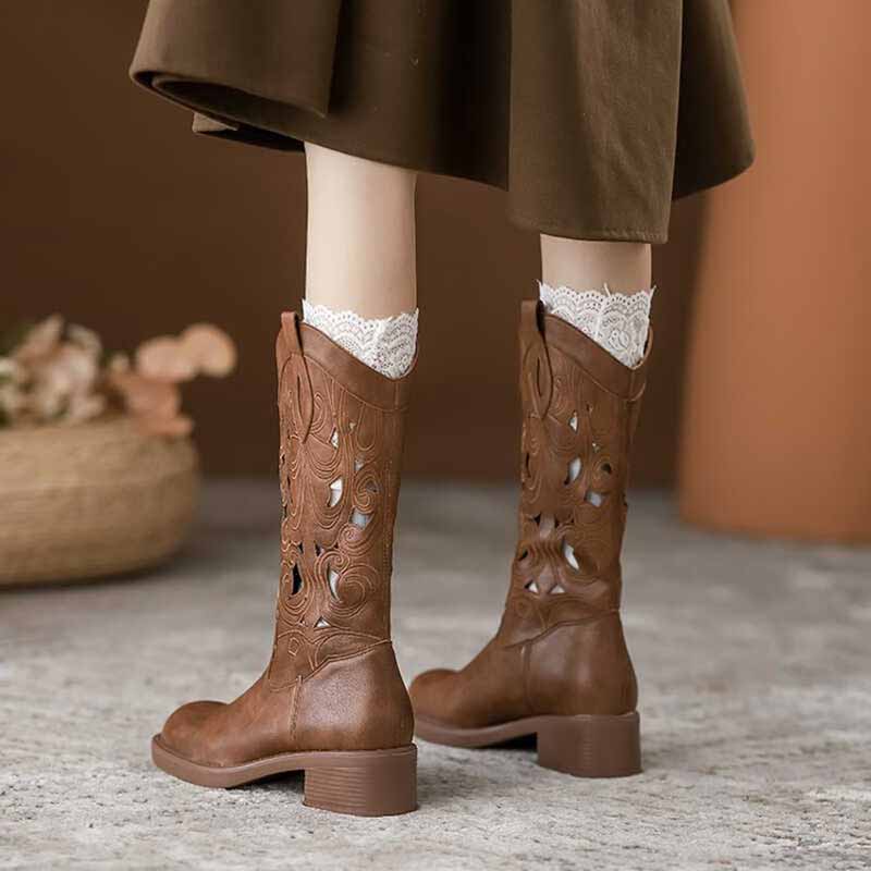 Embroidery On Leather - Modische Retro-elegante braune Cowboystiefel für Damen,