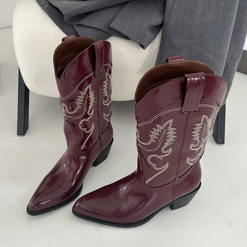 Embroidery On Leather - Liyke Designer Weinrot Leder Western Stiefel