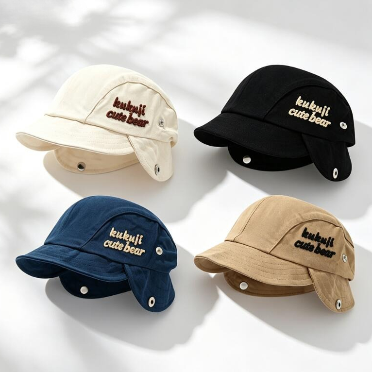 Embroidery Cap - 2026 Herbst Baby Ohrenklappmütze Niedliche Bommel-Säuglingsmütze