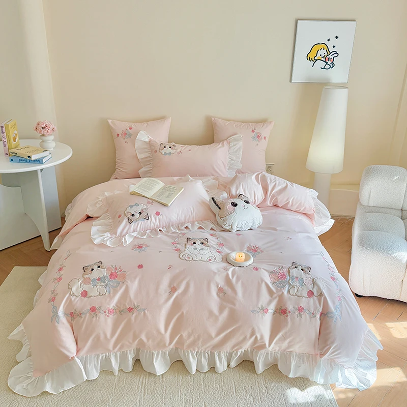 Embroidery Quilt Cover - Rosa reine Baumwolle niedliche Cartoon-Katze Stickerei