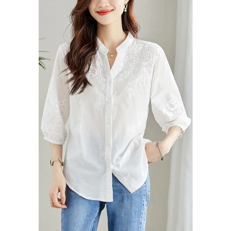 Embroidery Eyelet - Damen Weiße Bluse mit Lochstickerei und
