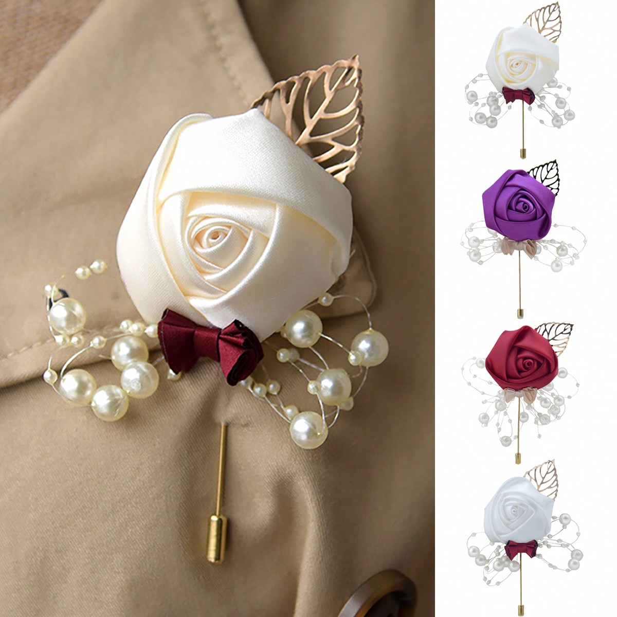 Embroidery Knot - 1 Stück Hochzeits-Bräutigam-Blumenbrosche, Goldblatt-Perlenfliege, Hochzeitsbrosche für