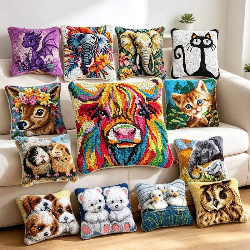 Printed Embroidery Kit - Hund Katze Dinosaurier Kuh Tier Latch-Hook-Kissen