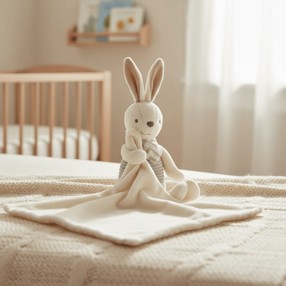 Embroidery Rabbit - Quadratische Baby-Kaninchen-Schmusedecke mit Niedlicher Stickerei, Plüschmaterial,