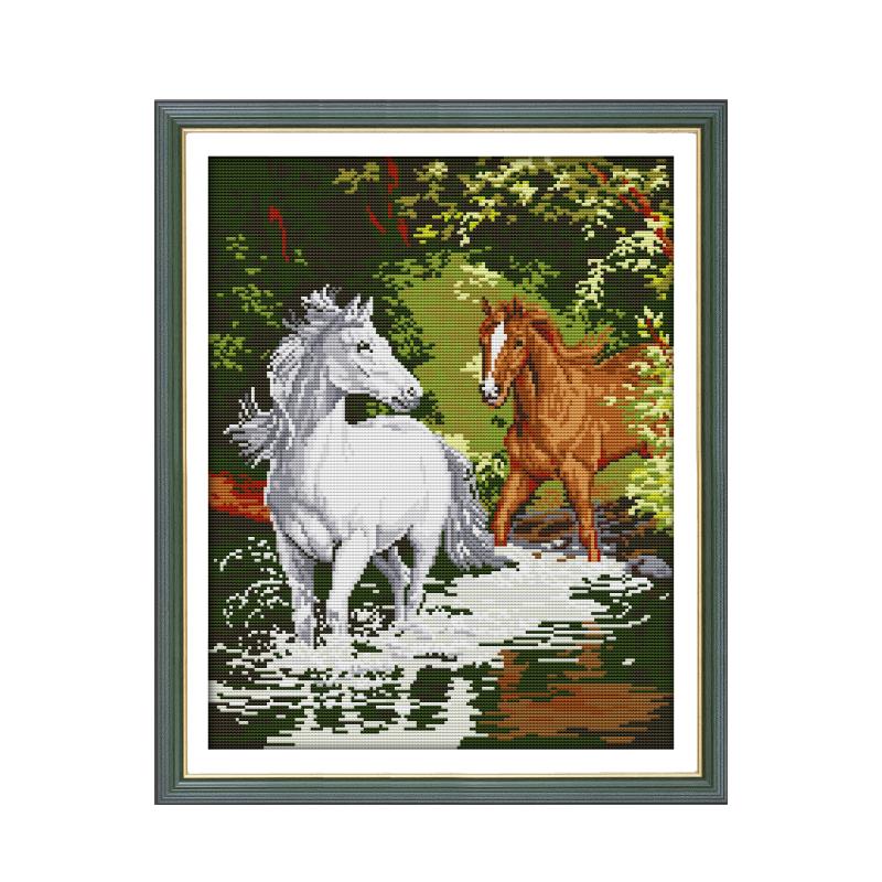 Embroidery Running Stitch - Zwei Pferde Laufen Handmade Kreuz Stich
