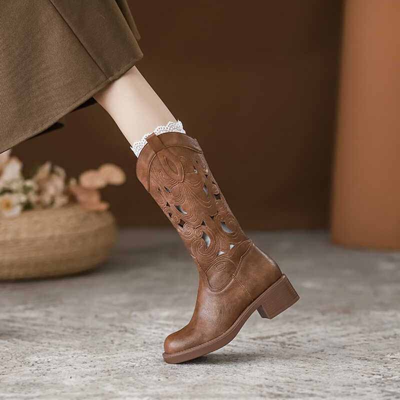 Modische Retro-elegante braune – Embroidery On Leather Bewertung und Preis